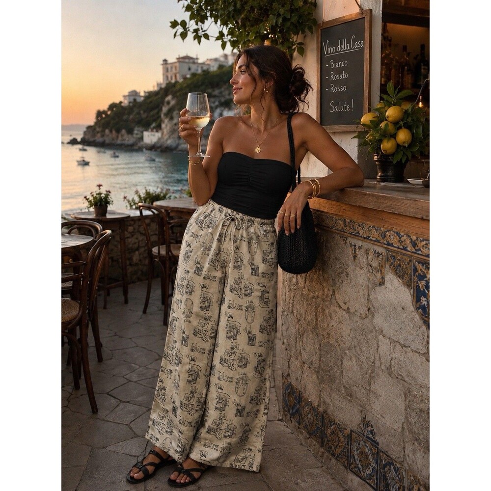 Cali 1850 Wide Leg Linen Blend Pants Medium Beach Resort Drawstring Beige Black